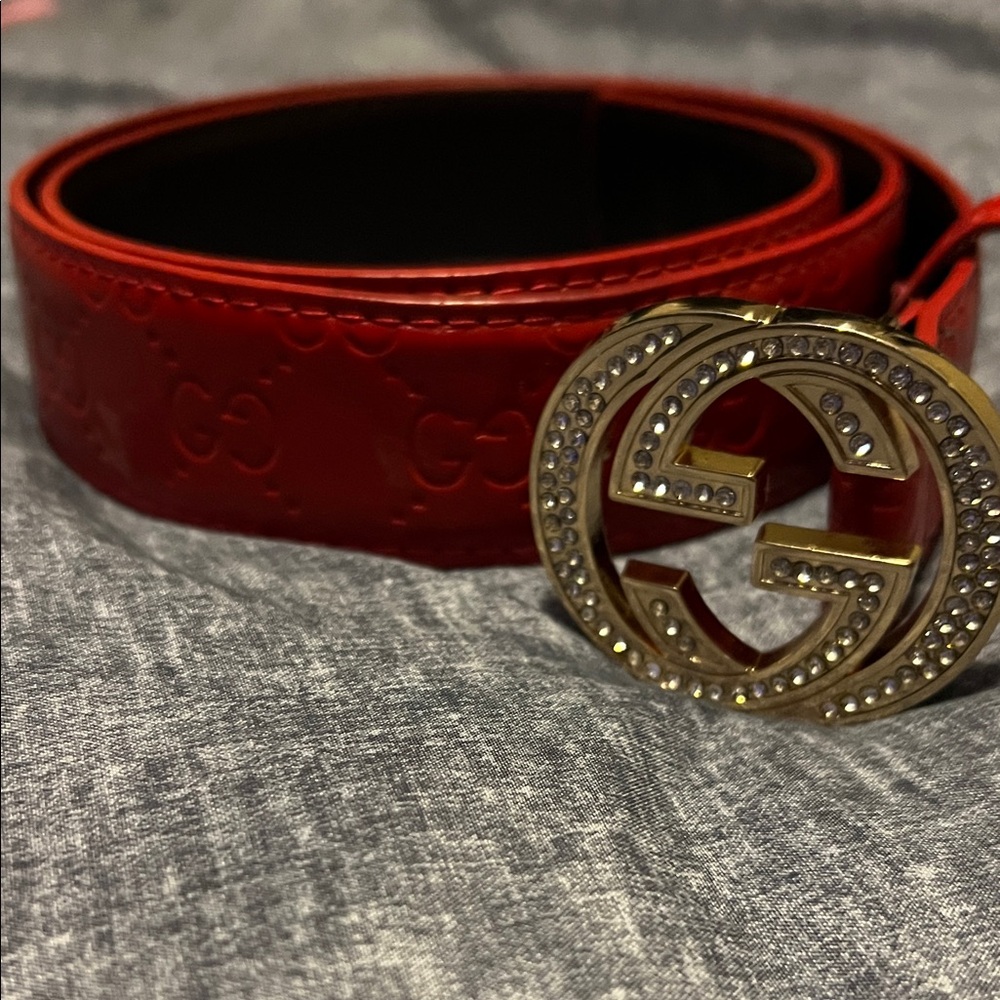 Red Patent GG Logo-Embossed Belt with Gold Crystal GG Buckle